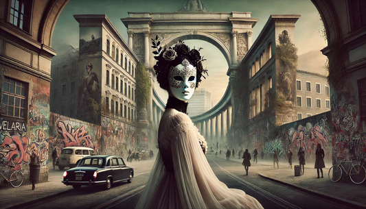 Velaria, l'Eterna Ribelle di AIREBEL con maschera e simbolo del mistero e della trasformazione