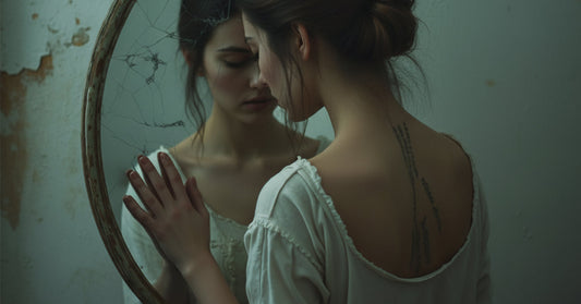 Donna che si specchia in uno specchio rotto, simbolo di introspezione e ribellione silenziosa | Moda narrativa Airebel